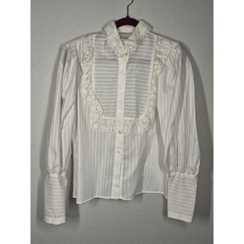 Vintage 70s Victorian Prairie Lace Blouse Neiman Marcus ILGWU White Sheer Top 8 - Picture 3 of 16